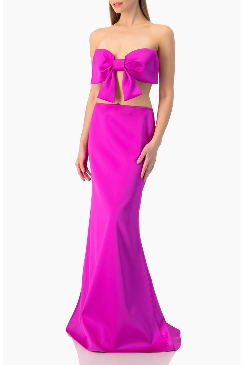Strapless Bow-Front Crop -Top Gown in Satin, Alternate, color, Magenta