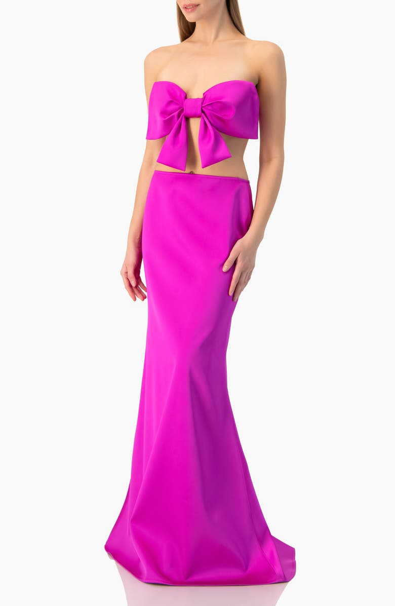 IVONNE Strapless Bow-Front Crop -Top Gown in Satin, Alternate, color, Magenta