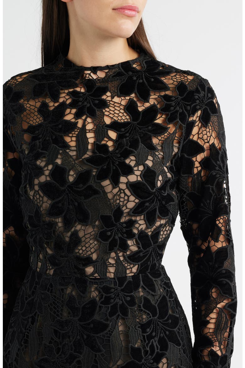 Zia Velvet Floral Lace Long Sleeve Cocktail Minidress, Alternate, color, BLACK