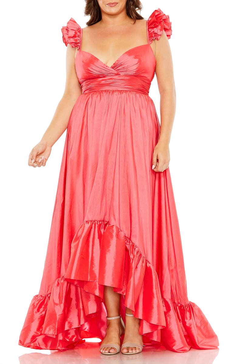 Mac Duggal Sweetheart Ruffle Strap High Low Taffeta Gown, Main, color, Watermelon