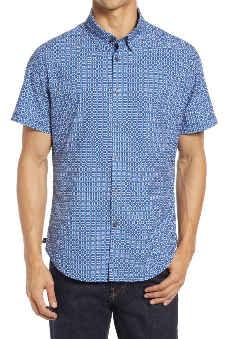 Trim Fit Short Sleeve Button-Up Performance Shirt, Main, color, BLUE CORAL CIRCLE GEO PRINT