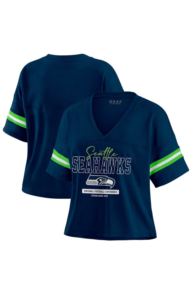 WEAR by Erin Andrews Women's WEAR by Erin Andrews Navy Seattle Seahawks Color Block Boxy Modest Crop V-Neck T-Shirt, Alternate, color, 