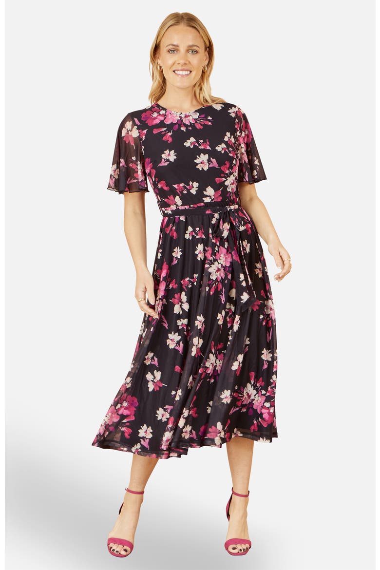 Mesh Skater Floral Midi Dress, Main, color, Black