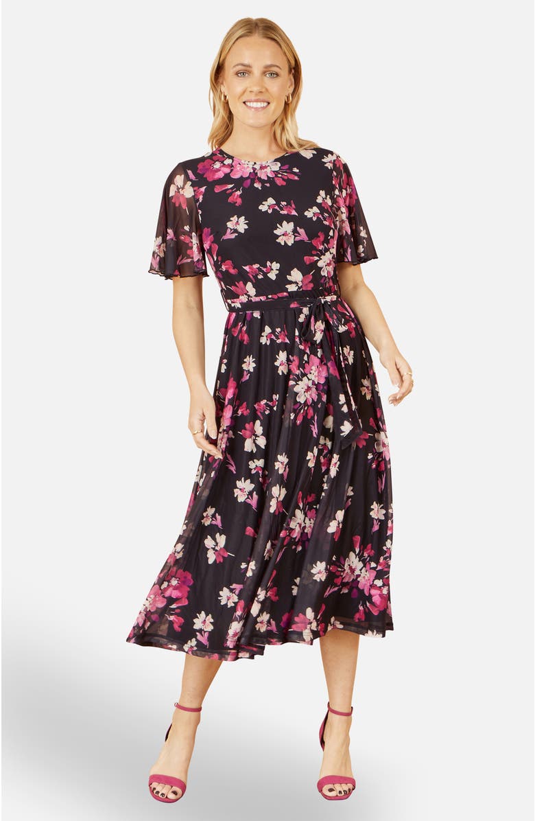 Yumi Mesh Skater Floral Midi Dress, Main, color,