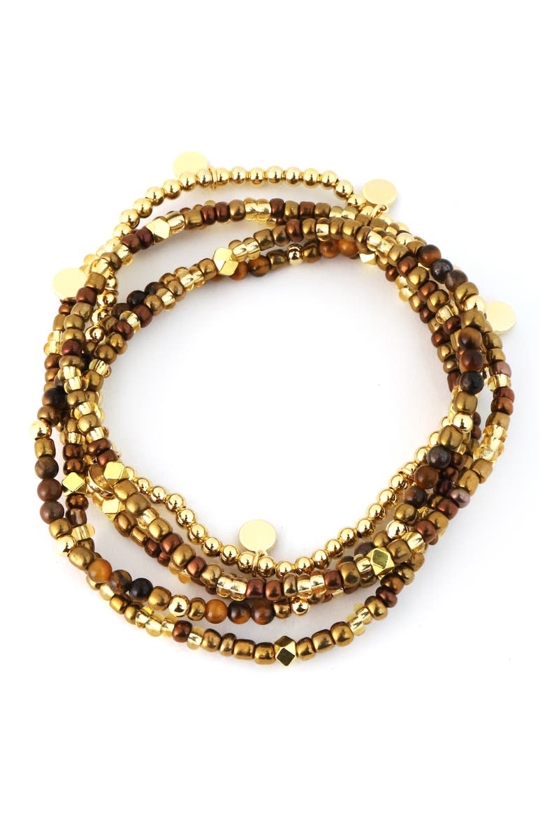 Set of 5 Beaded Stretch Bracelets, Alternate, color, BROWN
