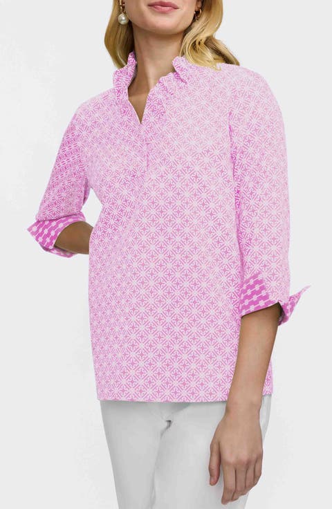 Foxcroft Tammy Geo Lattice Print Ruffle Collar Top (Petite)