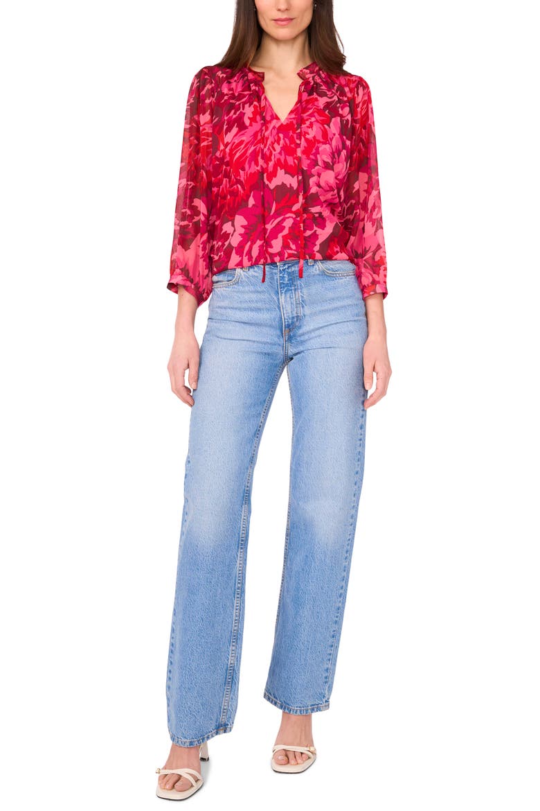 Floral Print Tie Neck Top, Alternate, color, MERLOT RED