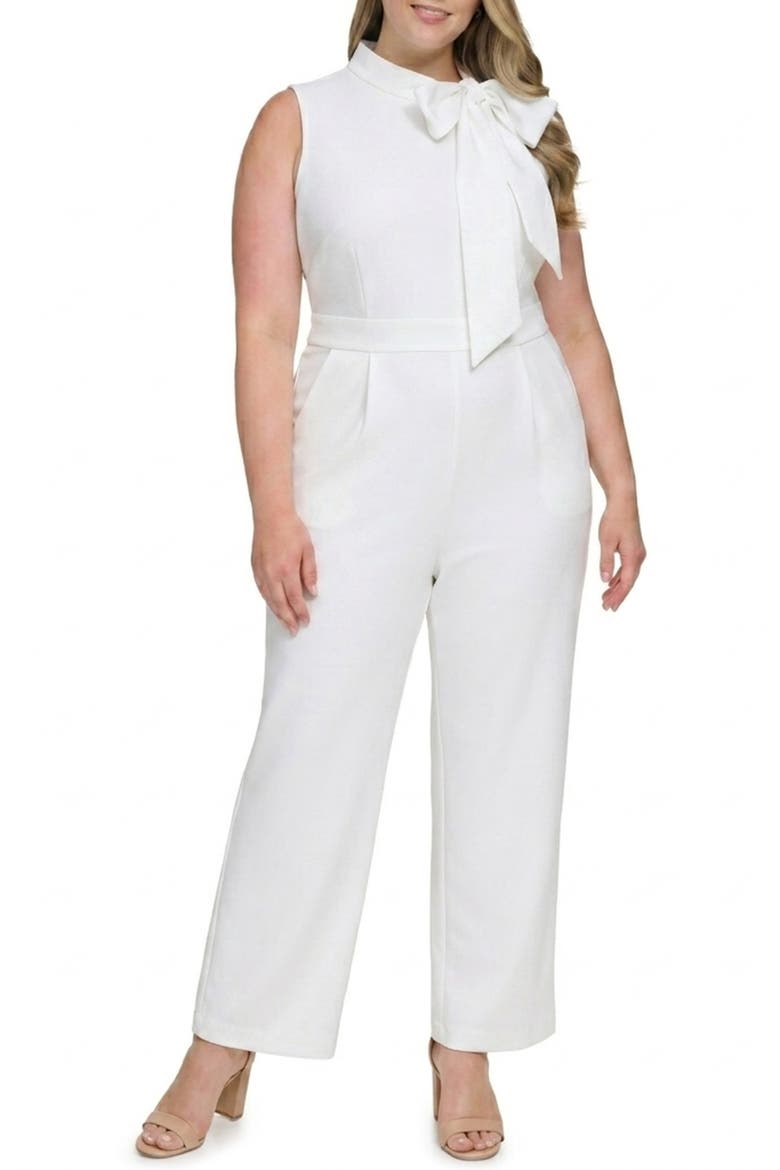 Bow Neck Sleeveless Stretch Crepe Jumpsuit, Main, color, IVORY