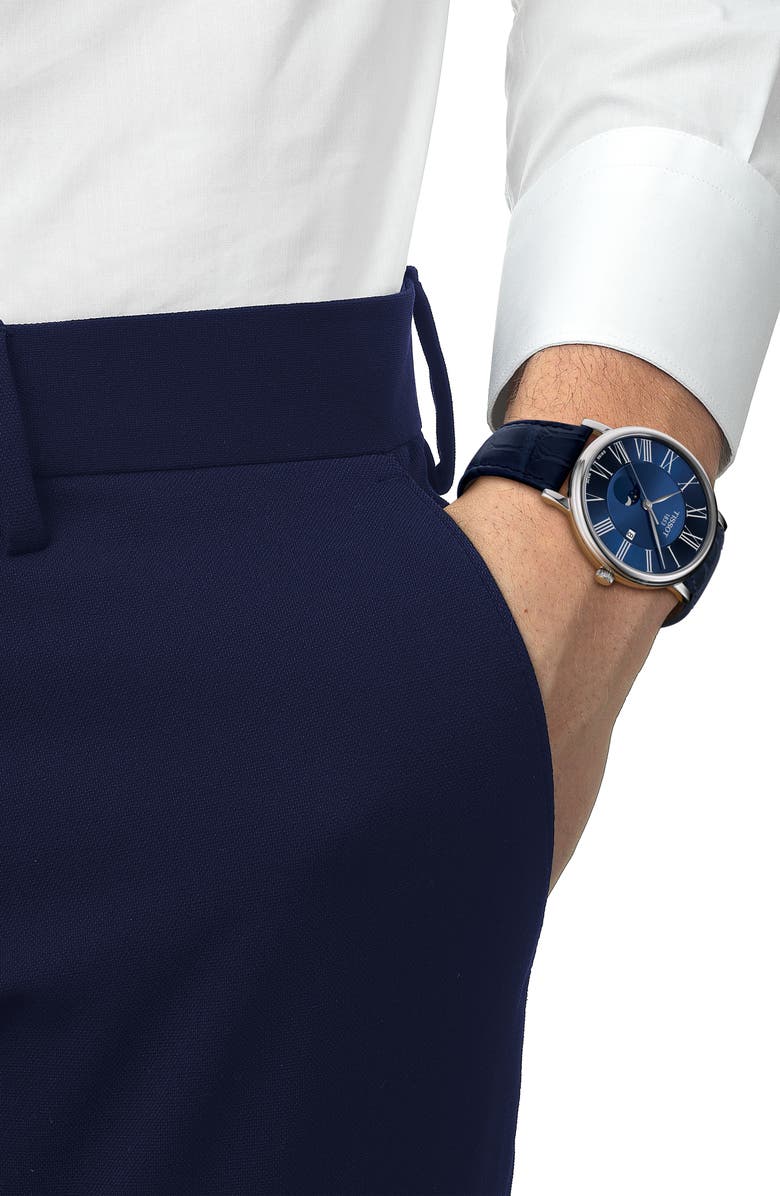 Tissot T-Classic Carson Premium Moonphase Leather Strap Watch, 40mm, Alternate, color, Blue