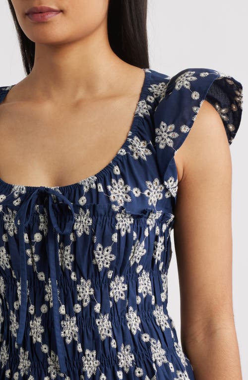 Mila Mae Embroidered Flutter Sleeve Cotton Sundress In Blue
