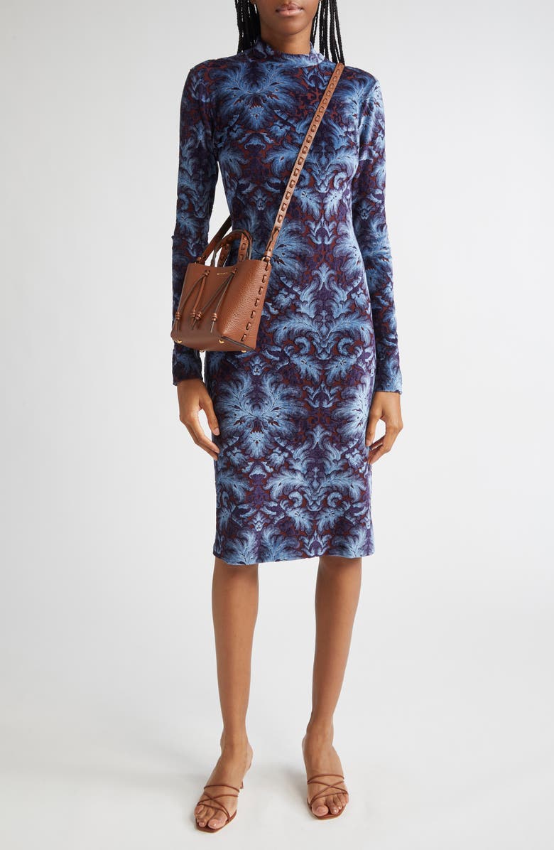 Etro Paisley Burnout Long Sleeve Jersey Dress, Main, color, Multicolor Blue Base