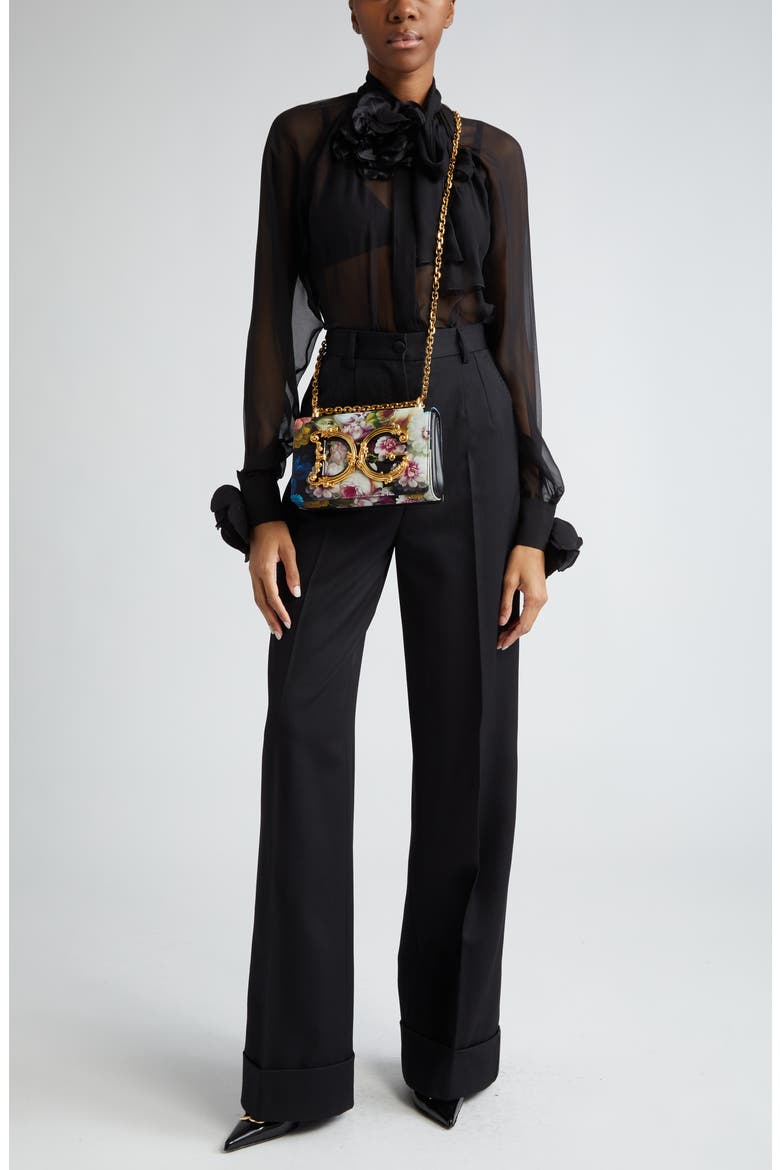 Floral Appliqué Tie Neck Sheer Silk Shirt, Alternate, color, NERO