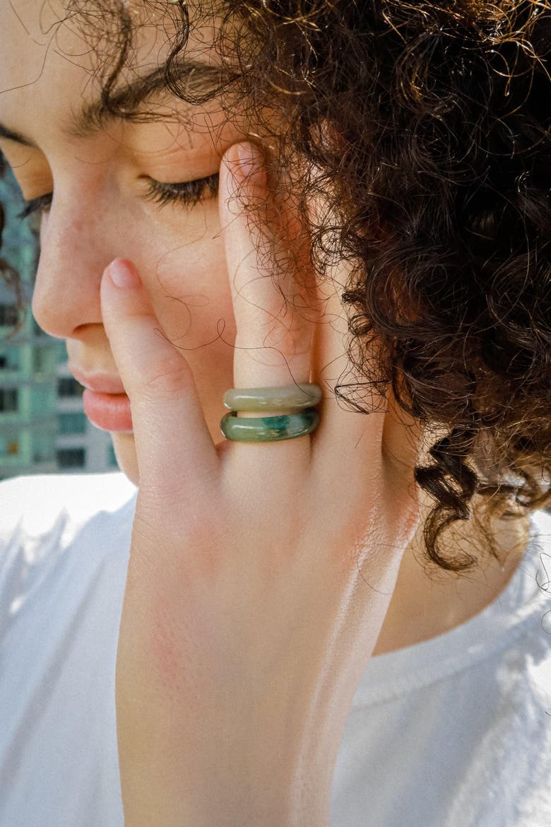 Chess Light Dark Cyan Jade Ring in Off White, Alternate, color, Light green