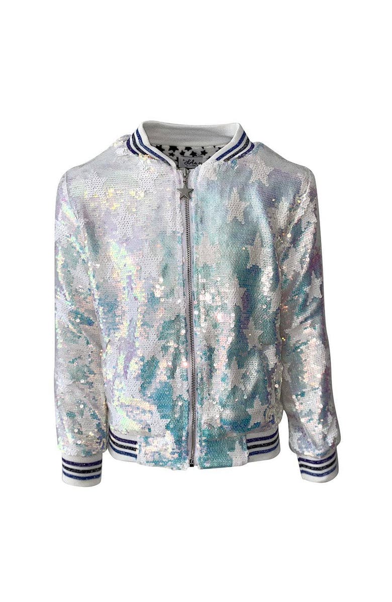 Lola + The Boys Iridescent Star Sequin Bomber, Main, color, White