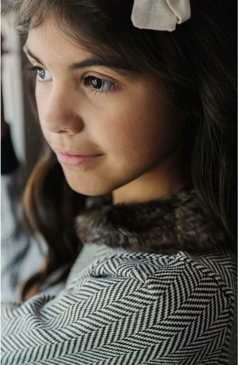 Hope & Henry Girls' Faux Fur Cardigan and Skirt Sweater Set, Kids, Alternate, color, Charcoal And Ivory Herringbone