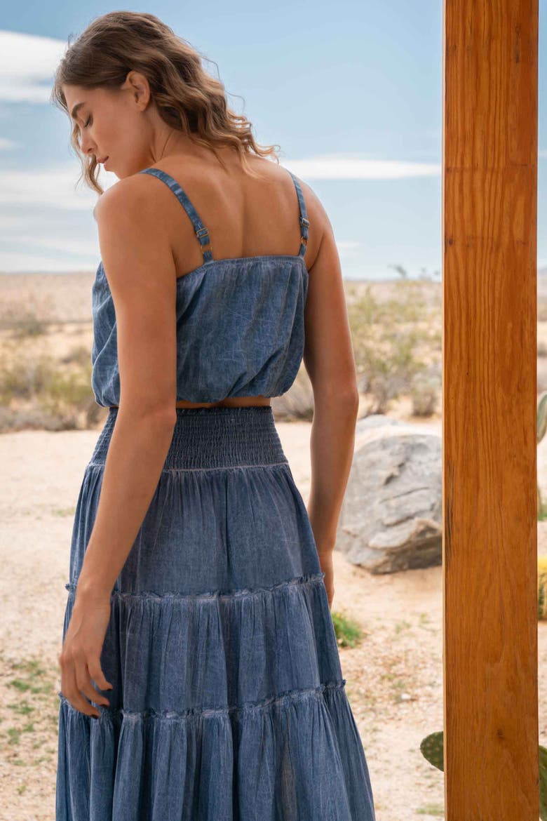Charlie Stonewash Denim-Look Smock Waist Slit Skirt, Alternate, color, Stonewash