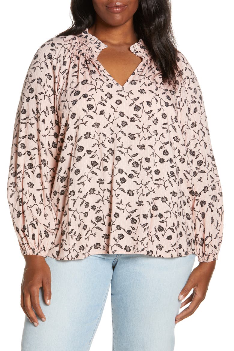 Floral Print Split Neck Shirt, Main, color, PINK- BLACK BLOCK PRINT VINE
