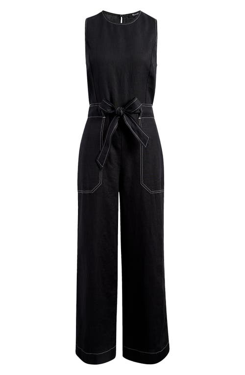 Shop Madewell Contrast Stitch Relaxed Linen Straight Leg Jumpsuit In Jet Black