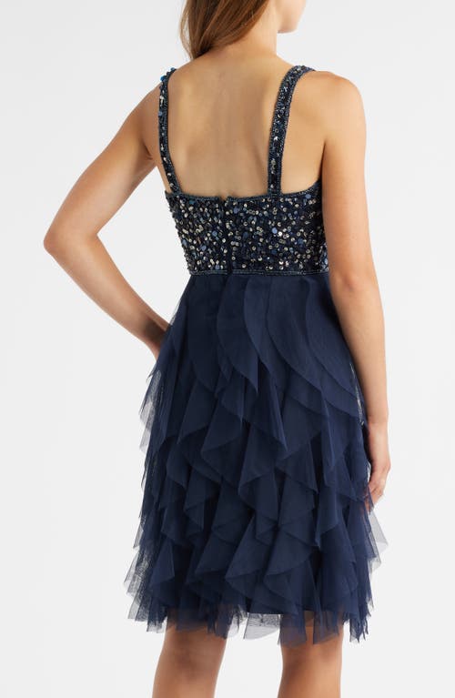 Pisarro Nights Beaded Ruffle Skirt Minidress In Blue