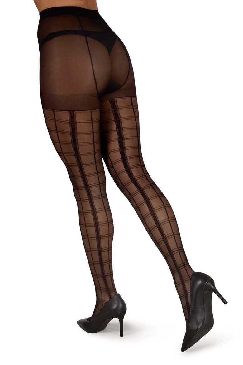 Plaid Sheer Tights, Alternate, color, BLACK