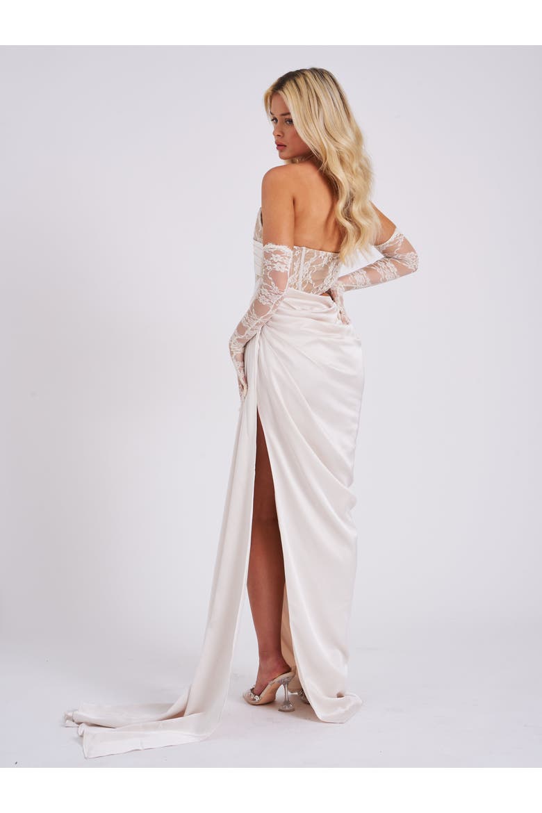 Calliee High Slit Drapping Satin Corset Evening Gown, Alternate, color, White