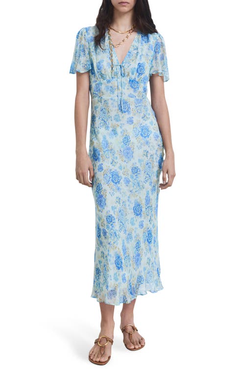 Mango Long Floral Dress With Short Sleeves Blue In Blue