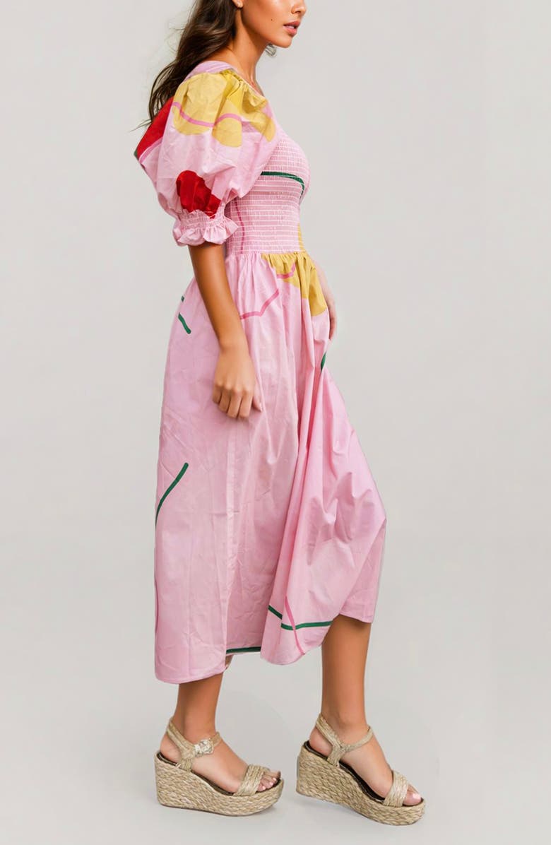 Jessie Zhao New York Valentina Abstract Smocked Pink Midi Dress, Alternate, color, 