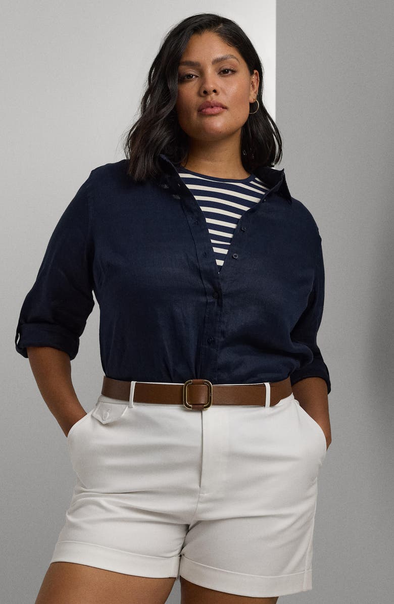 Lauren Ralph Lauren Relaxed Fit Linen Button-Up Shirt, Alternate, color, Lauren Navy