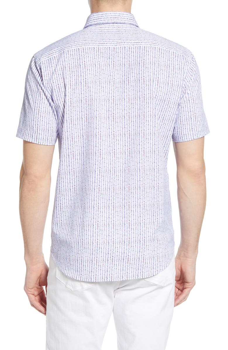 Bugatchi Shaped Fit Stripe Short Sleeve Button-Up Shirt, Alternate, color, Air Blue