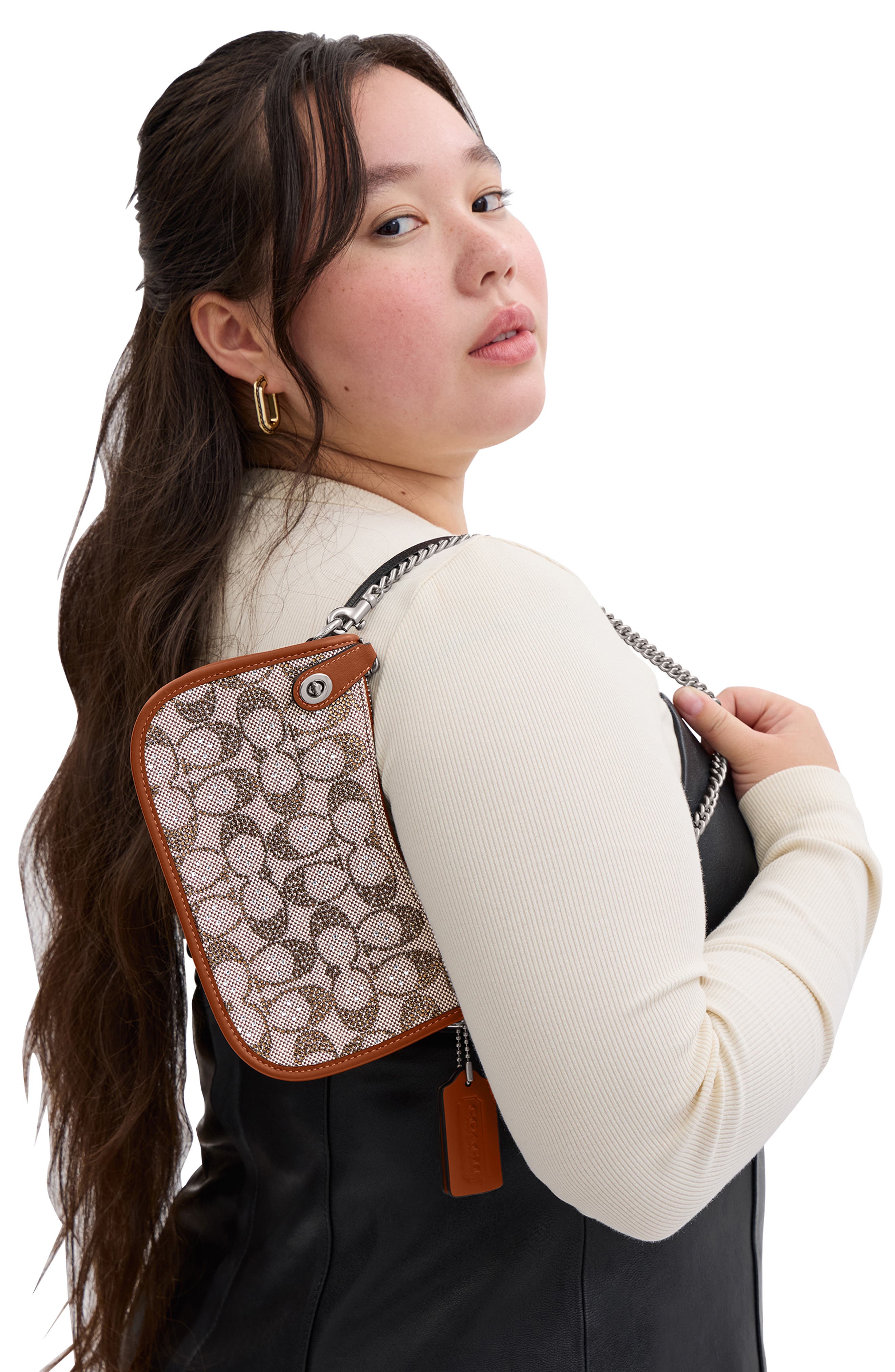 COACH Swinger Crystal Signature Jacquard & Leather Shoulder Bag, Alternate, color, Lh/Burnished Amber