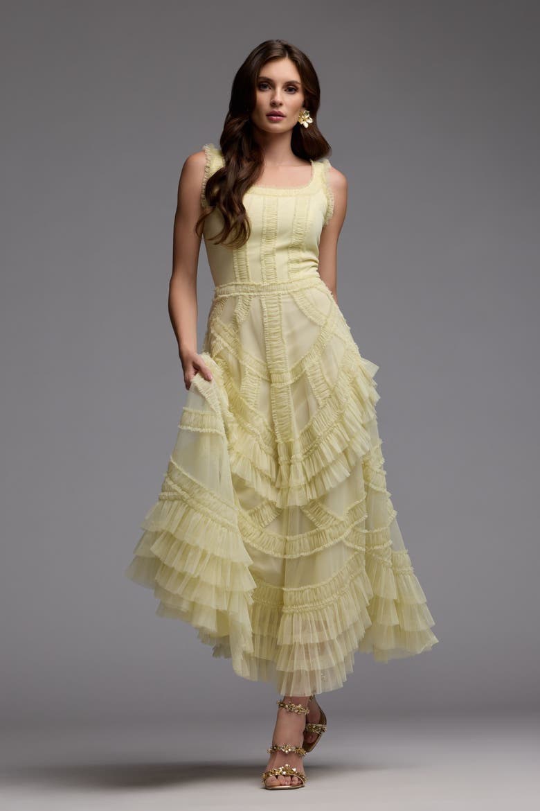 Scoop Neck Sleeveless Mesh Micro Ruffle Midi Dress, Alternate, color, Buttercup