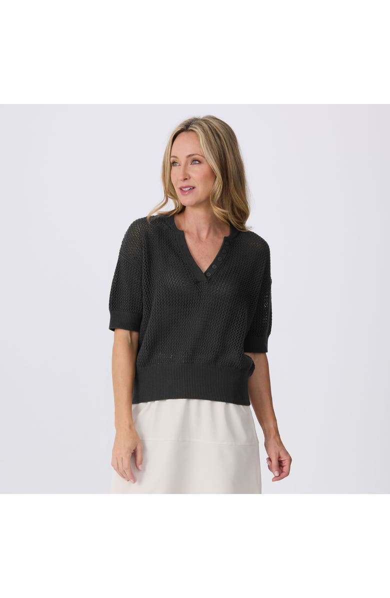 Krimson Klover Tansy Short Sleeve Pointelle Henley Sweater, Main, color, Black