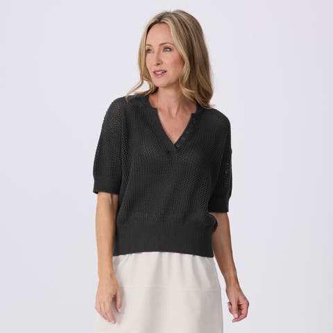 Tansy Short Sleeve Pointelle Henley Sweater