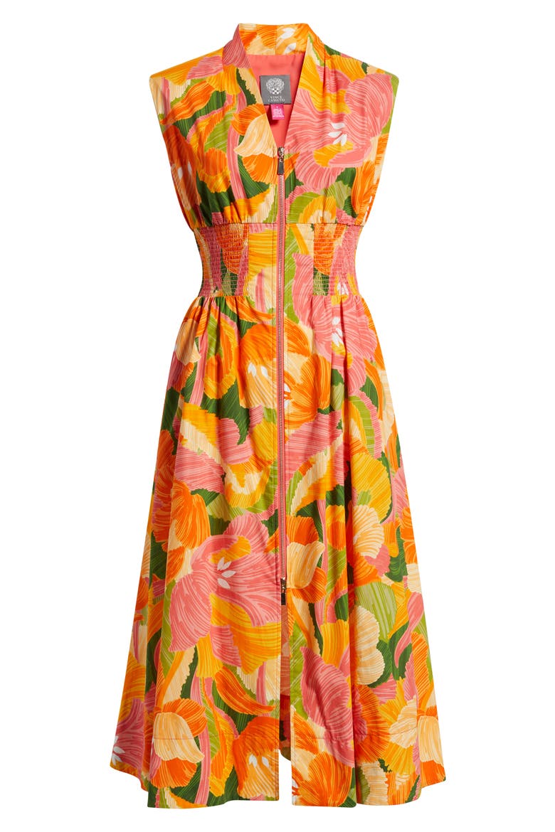 Abstract Floral Cotton Midi Dress, Alternate, color, ORANGE/ PINK MULTI