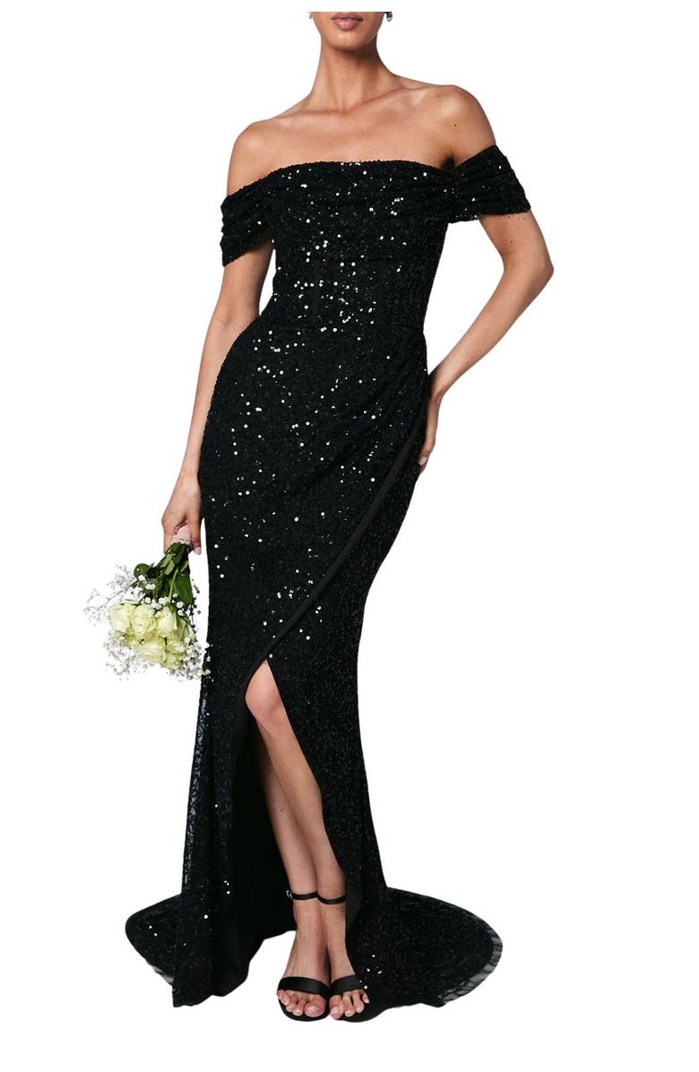 Coast Sequin Bardot Maxi Bridesmaid Dress, Alternate, color, Black