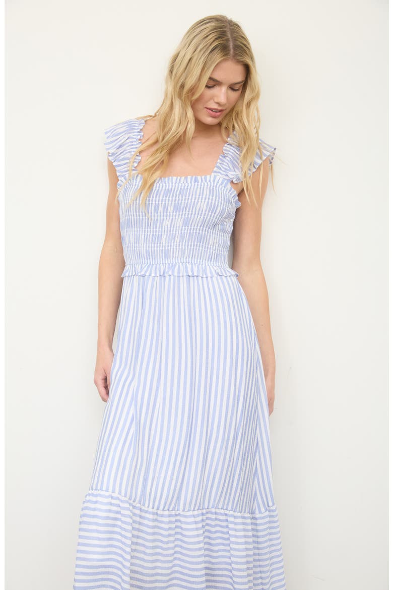 Stripe Flutter Sleeve Smocked Dress, Alternate, color, BLUE