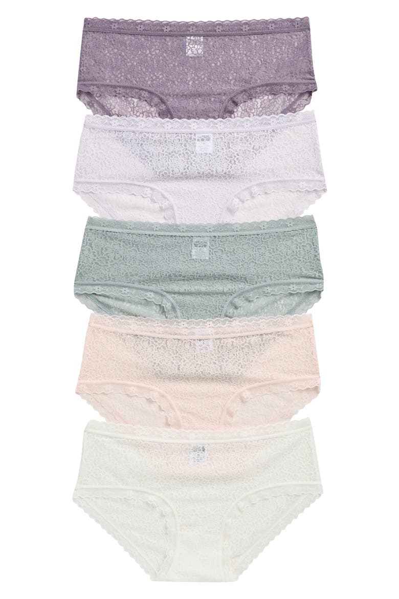 Assorted 5-Pack Lace Hipster Briefs, Main, color, GREY BLUE- PINK MULTI