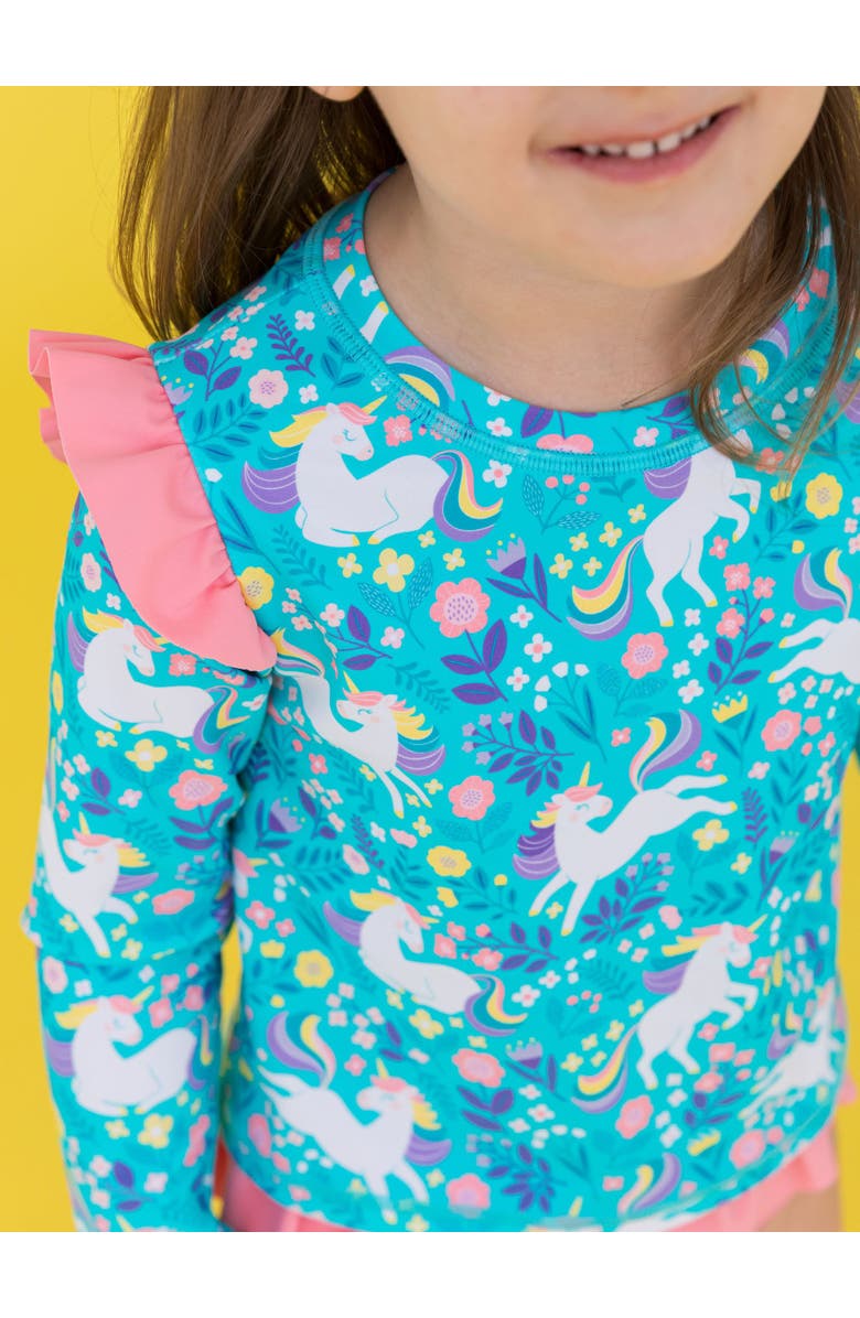 RuffleButts Baby/Toddler Girls UPF50+ Sun Protected Skirted Flutter Long Sleeve Rash Guard Bikini, Alternate, color, Bright Aqua Unicorn Meadow