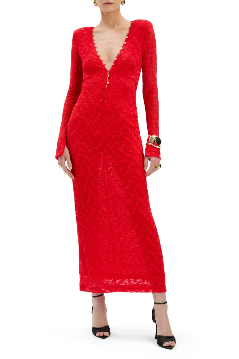 Zenia Deep V-Neck Long Sleeve Dress, Main, color, FIRE RED