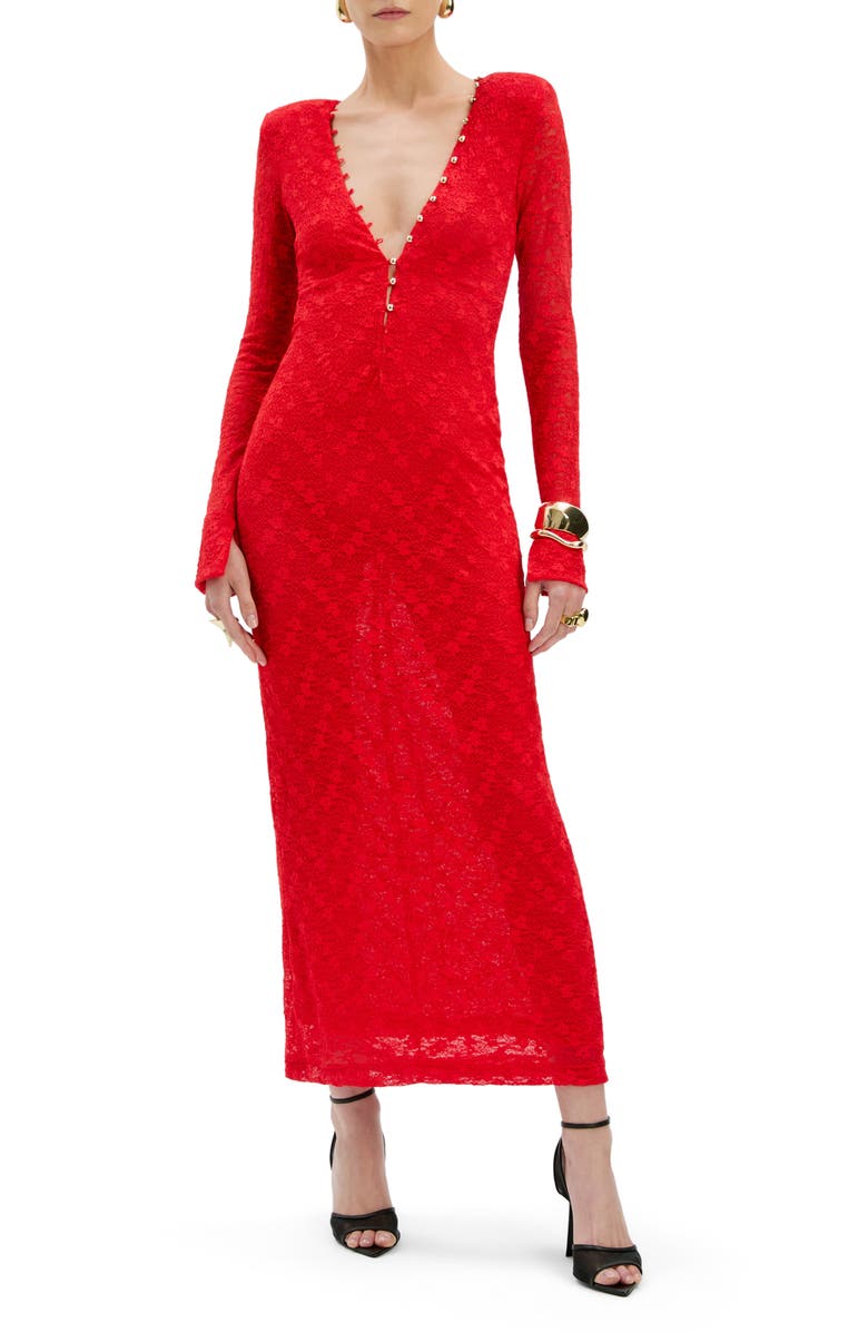 Bardot Zenia Deep V-Neck Long Sleeve Dress, Main, color, Fire Red