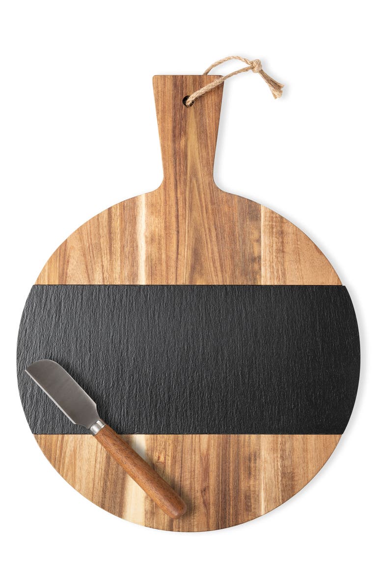 Cathy's Concepts Monogram Slate & Acacia Wood Serving Board & Cheese Knife, Main, color, 