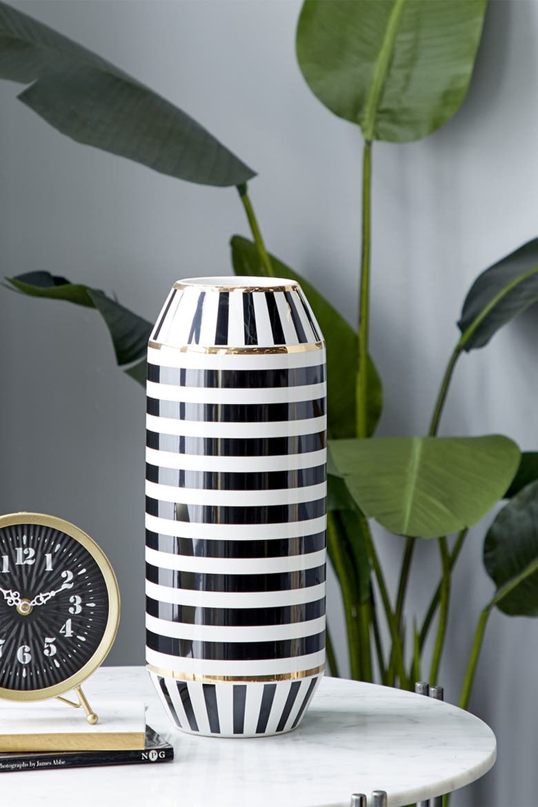 Black Ceramic Striped Vase with Goldtone Accents, Alternate, color, MULTI