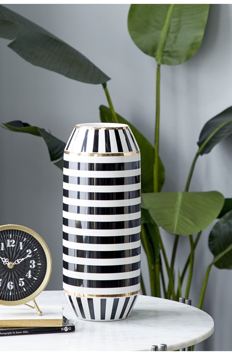 GINGER BIRCH STUDIO Black Ceramic Striped Vase with Goldtone Accents, Alternate, color, 