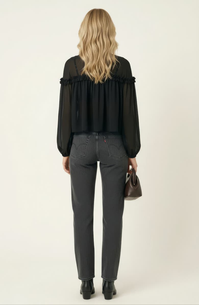 Modenaire Sheer Long Sleeve Blouse with Ruffled Trim and Flowing Silhouette, Alternate, color, Black