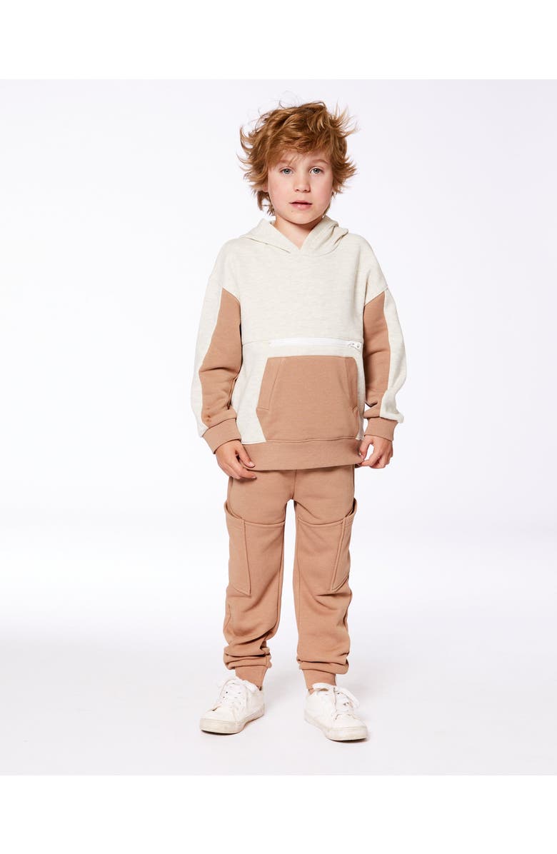 Deux par Deux Little Boy's French Terry Color Block Pullover Hoodie Sweatshirt Beige And Off-White, Alternate, color, 
