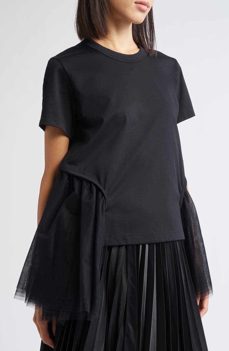 Noir Kei Ninomiya Cotton Ponte & Tulle T-Shirt, Alternate, color, Black