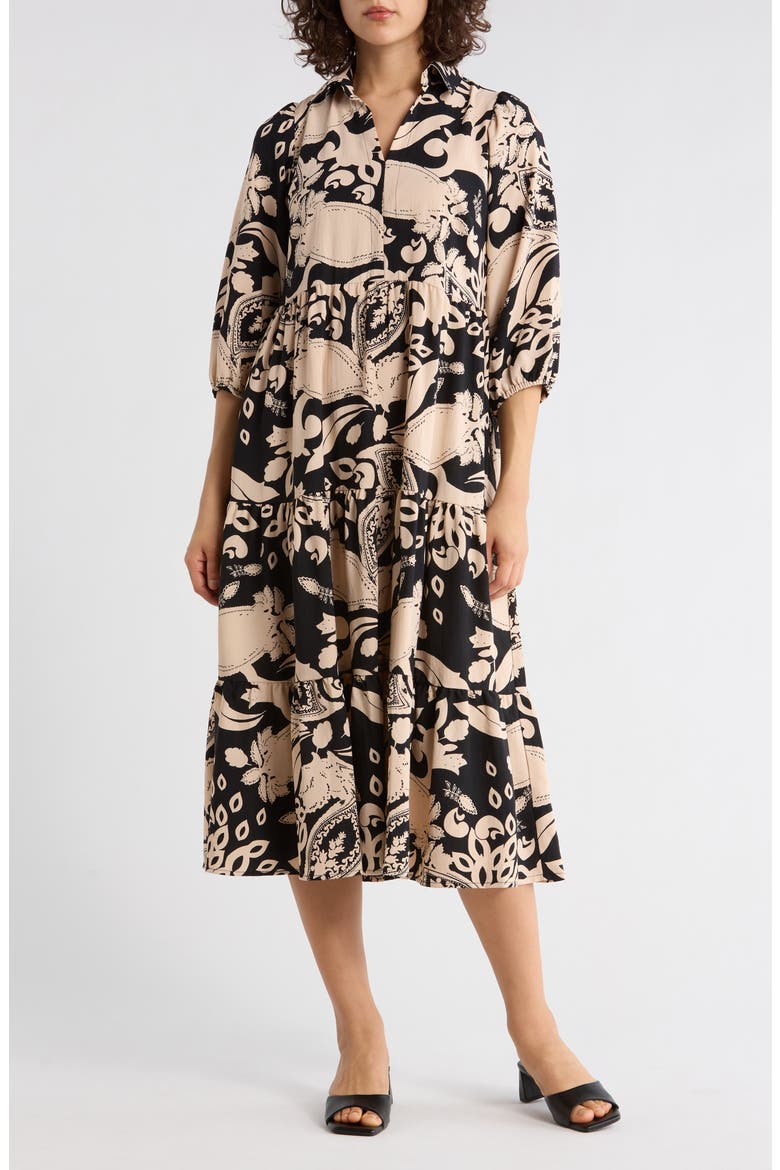 Three-Quarter Sleeve Tiered Dress, Main, color, BLACK/ TAN