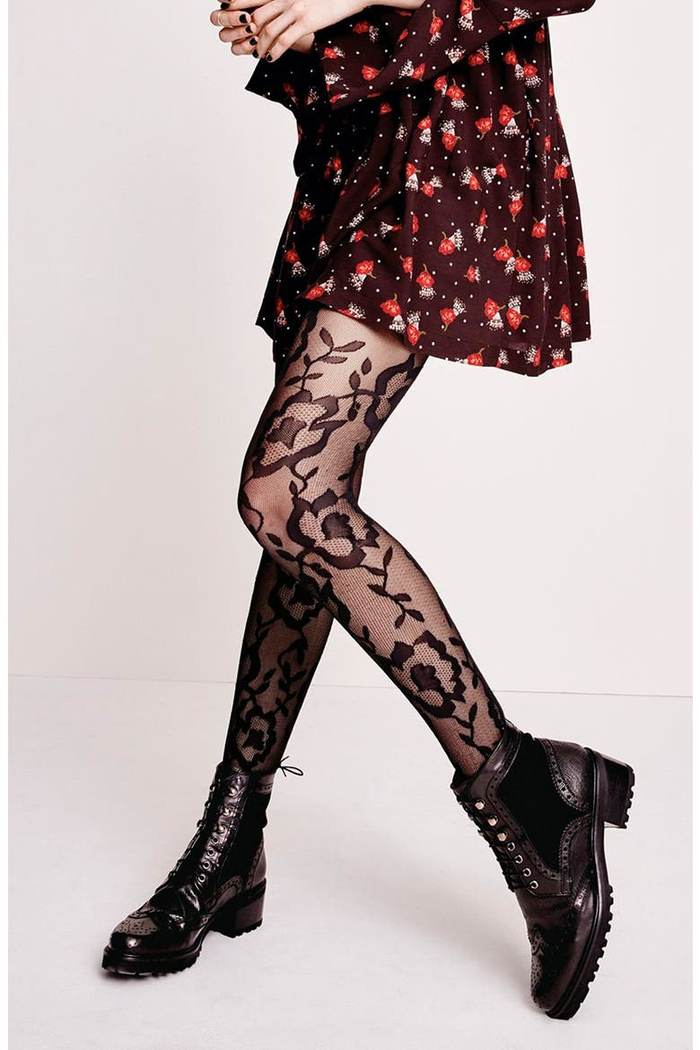 'Lorelie' Floral Tights, Alternate, color, BLACK