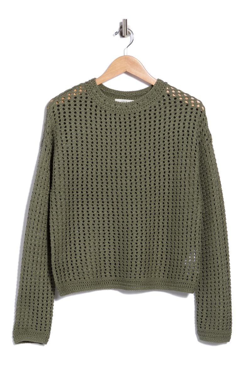 Crochet Cotton Crewneck Sweater, Main, color, SEA FERN