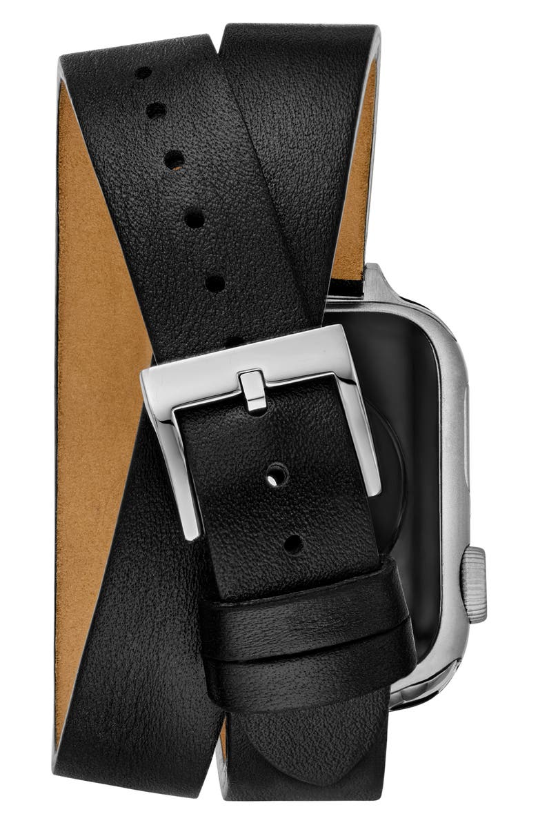 Tory Burch The T Double Wrap Leather Apple Watch<sup>®</sup> Watchband, Alternate, color, Black